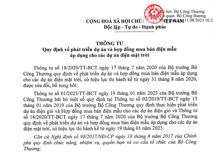 Văn bản hợp nhất số 02/VBHN-BCT quy định mới về phát triển dự án điện mặt trời và mẫu hợp đồng mua bán điện